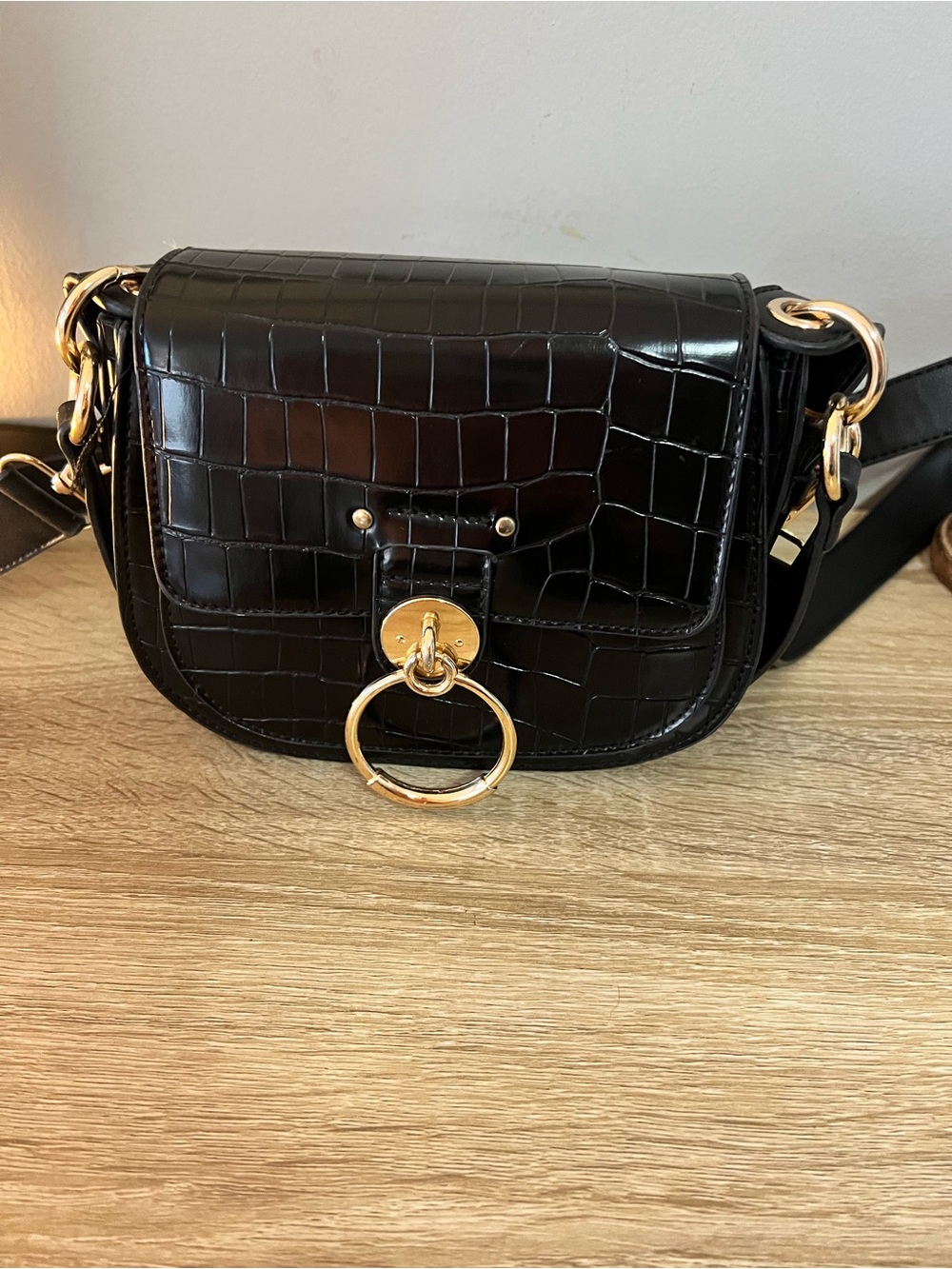Black Croc-Embossed Leather Crossbody with Gold Ring Accent